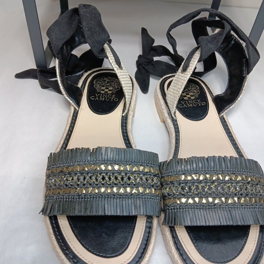 Vince Camuto Kimano Sandals Women 9.5 Black Gold Ankle Tie - Picture 7 of 10
